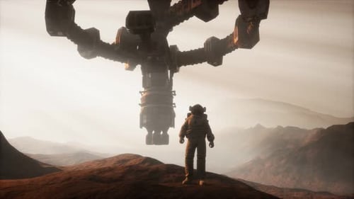 Astronaut Exploring Alien Planet with Futuristic Spacecraft Landing