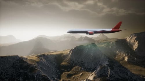Passenger Aircraft Over Mountain Landscape