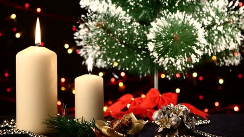 Festive Christmas Still Life with Lit Candles and Tree