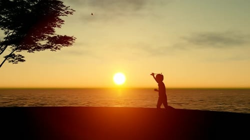 Peaceful Sunset Scene with Child Launching Paper Airplane