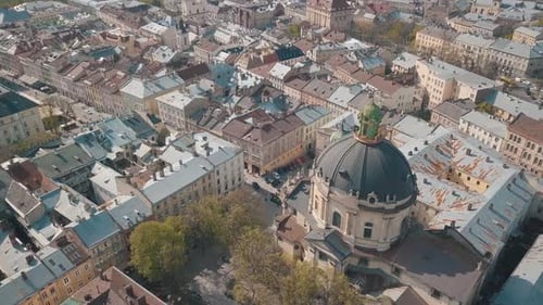 Aerial City Lviv, Ukraine. European City. Popular Areas of the City. Dominican