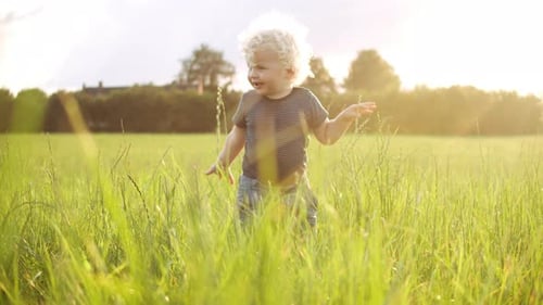 Child Exploring a Grassy Field at Sunset