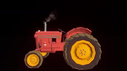 Animated 3D Geometric Red Tractor Driving Across Screen