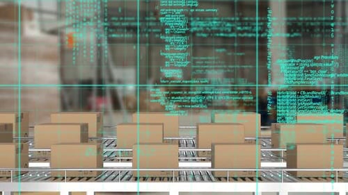 Futuristic Data Grid Overlay on Automated Logistics Conveyor