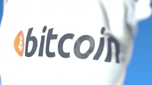 Animated Bitcoin Logo on Waving White Flag