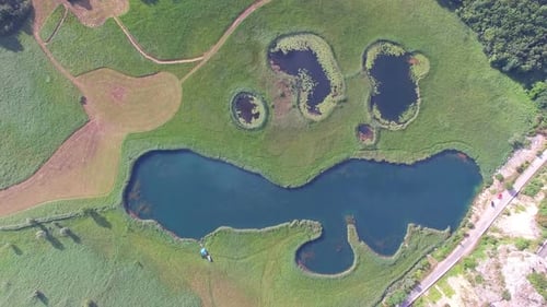 Aerial view of lakes on a grass meadow