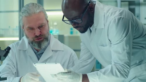Scientists Collaborate Using Microscope and Tablet in Lab