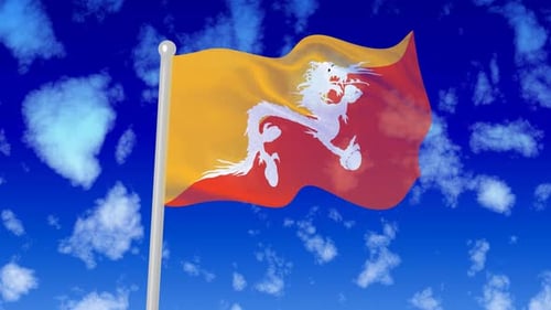 Bandera nacional de Bután ondeando en el cielo