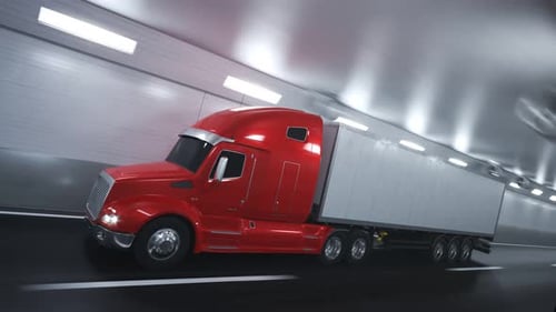 Red semi truck with trailer driving fast through the blurred tunnel. Loop. 4K