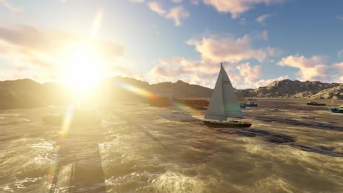 Diverse Boats and Ships on Wavy Ocean at Golden Hour