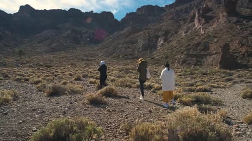 A Group of Tourists Walk Through the Mountains of Solidified Lava in the Teide Volcano National Park