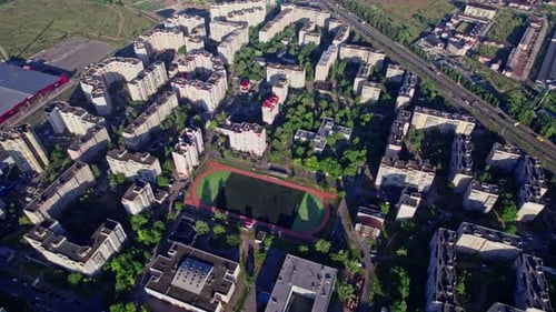 Aerial City View with a Small Football Stadium