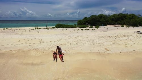 Girls relaxing on exotic coastline beach holiday by blue lagoon and white sand background of the Mal
