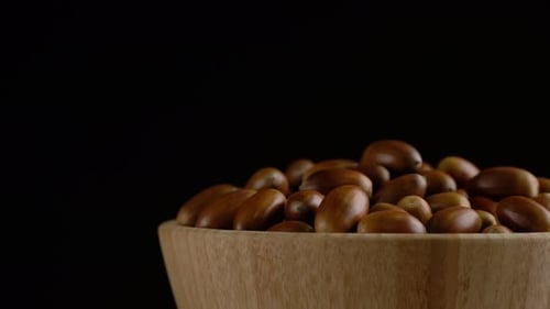 Close-up Rotation of Oak Acorns on Black Background