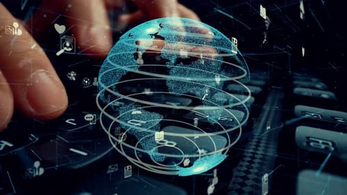 Fingers Typing with Spinning Digital Globe