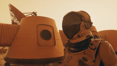 Astronaut on the Planet Mars Making a Detour Around His Base