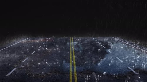 Rain Falls And Lightning At Night, Heavy Rain Falls On The Road, Black Background Rain And Thunder