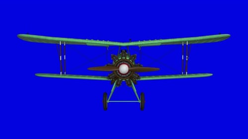 Animated propeller biplane airplane. Front view. Realistic physics animation. Blue screen footage