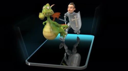 Cartoon Knight and Dragon Interact with Smartphone Hologram