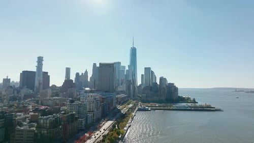 Elevated View of Downtown Skyscrapers in Financial District Against Sunshine