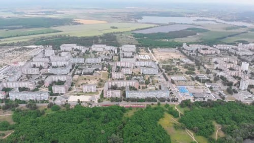 Aerial Panorama of Dwelling Blocks of Multistory Buildings Near Nature and River