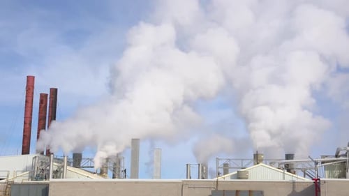 Factory roof as steam and smoke rise from pipes