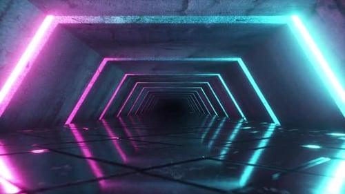 Flying in a Modern Futuristic Empty Sci-fi Night Corridor