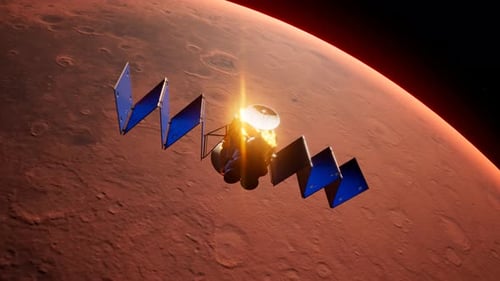 Satellite Orbiting Mars with Deploying Solar Panels