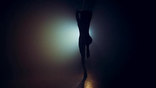 Female Silhouette Bright spotlight.Professional Dancer Moves on Stage To Music