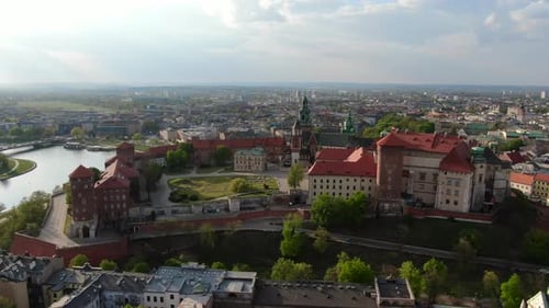 Aerial footage of Wawel Royal Castle in Cracow, Krakow, Poland, Polska
