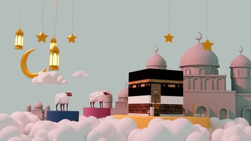 Eid Mubarak Islamic Celebration Scene with Kaaba and Sheep Animation