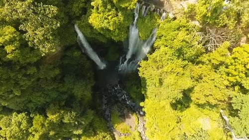 Aerial View of Tropical Waterfalls in Green Forest