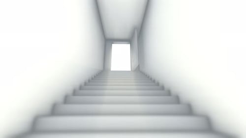 Ascending White Staircase to Opening Door Light Reveal
