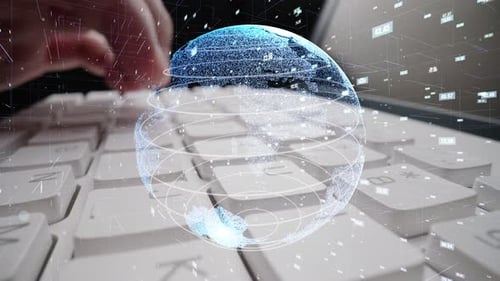 Man Working on Computer with Graphic of Mathematics Coding Modernization