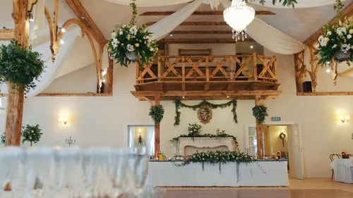 Interior of a Wedding Hall Decoration Ready for Guests. Beautiful Room for Ceremonies and Weddings