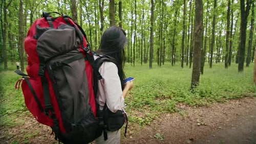 Happy Asian Woman with a Backpack Looking for a Way in the Forest Using a Phone Talking on a Video