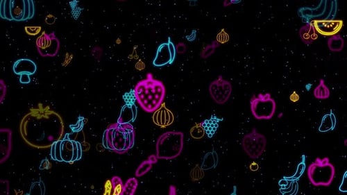 Neon Glowing Fruits and Vegetables Loop Background