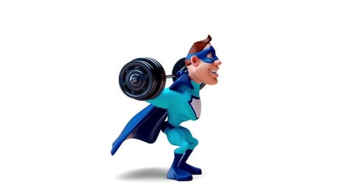 Divertido superhéroe de dibujos animados 3D haciendo sentadillas