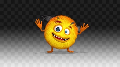 Waving Fluffy Yellow Monster with Bat Wings Character Animation