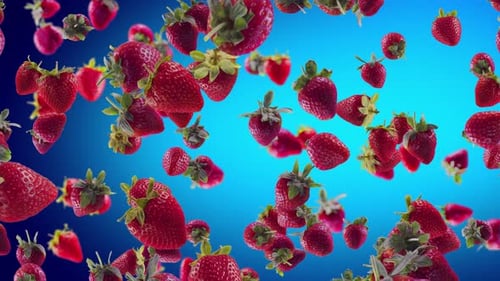 Strawberry with Slices Falling on Blue Background