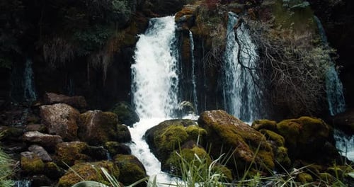 Flowing Pure Drink Mountain River Water and Falling From Waterfall
