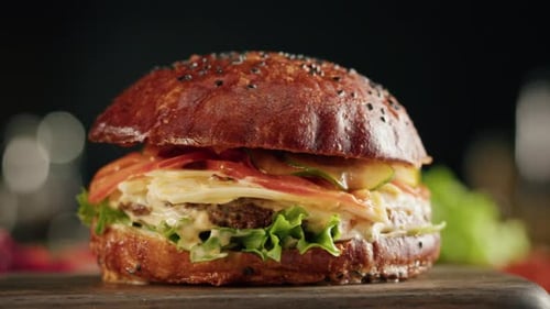 Delicious Burger with Fresh Ingredients close up