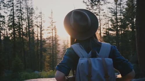 Back View Excited Female Tourist with Backpack Enjoying Amazing Sunsetd