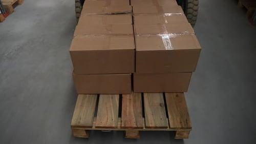 Warenpalette in Kartons, die vom Warehouse Loader bewegt wurden