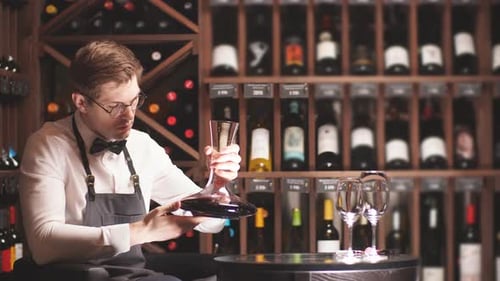 Young Adult Man Inspecting Wine in Decanter