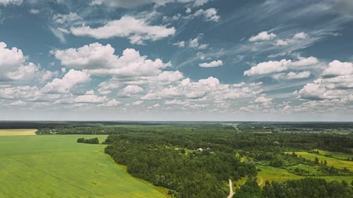 Sky With Clouds On Horizon Above Rural Landscape Young Green Wheat Field