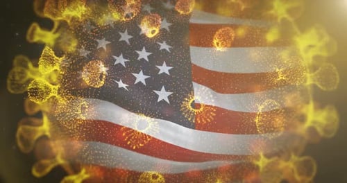 USA Flag Waving with Abstract Viral Particle Overlay
