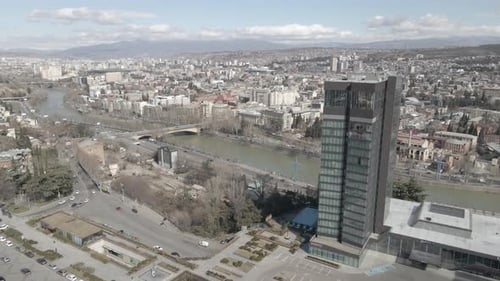 Tbilisi, Georgia - March 3, 2021: Flying over Shota Rustaveli Avenue