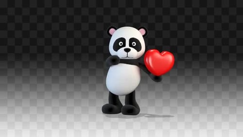 Cute Cartoon Panda Character Holding Red Heart Animation