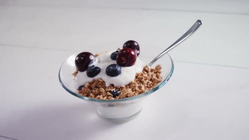 Granola, Yogurt, and Berries in a Dessert Bowl